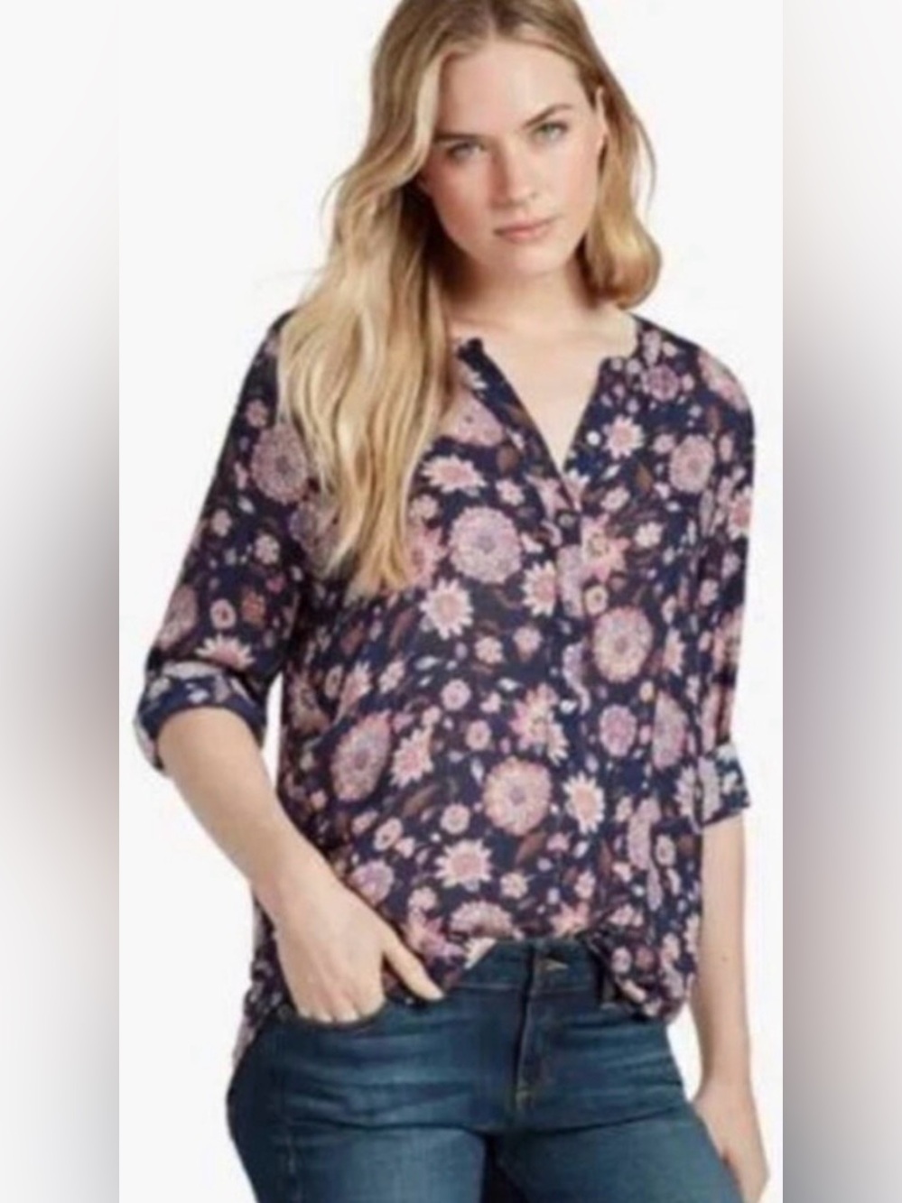 Lucky Brand Women’s Floral Long Sleeve 3/4 Button Blouse - Navy and Pink